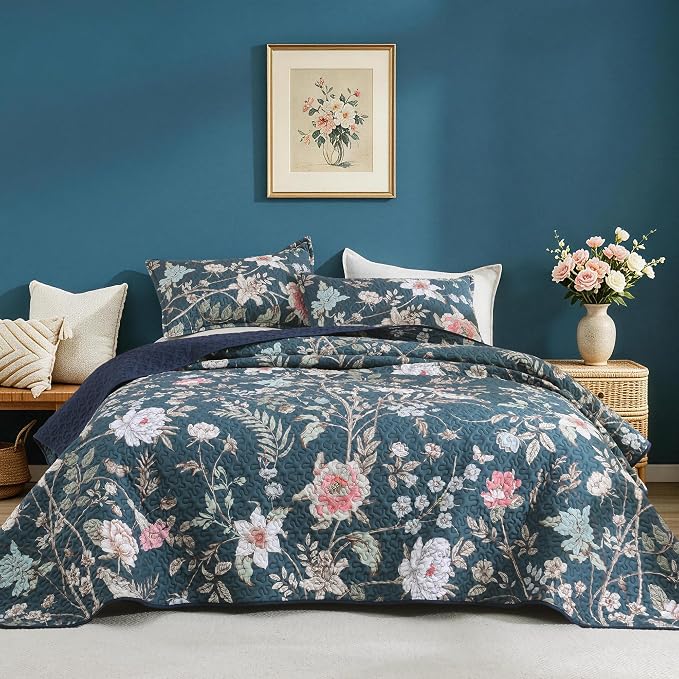 Litanika Floral Teal Quilt California King - 3Pcs Botanical Birds Bed Set | California King Bedspread Summer Lightweight Soft Coverlet with Pink Flower for All Seasons (112"x104")