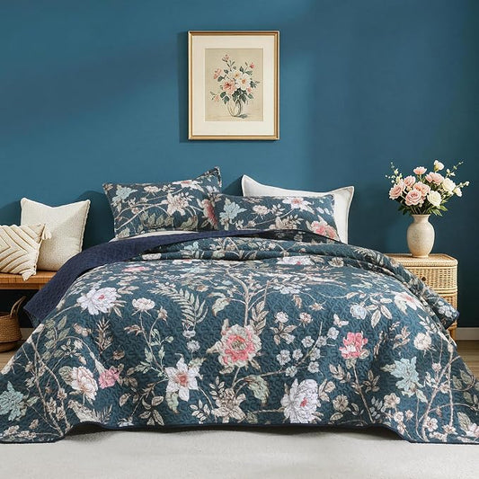 Litanika Floral Teal Quilt King - 3Pcs Botanical Birds Bedding Set | Bedspread Summer Lightweight Soft Coverlet with Pink Flower for All Seasons(106"x96")
