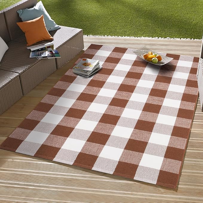 Buffalo Plaid Area Rug 3x5 Ft, Brown White Indoor Outdoor Rug | Cotton Blend, Brown White Checkered, Machine Washable, Front Porch Entryway, Kitchen Bathroom
