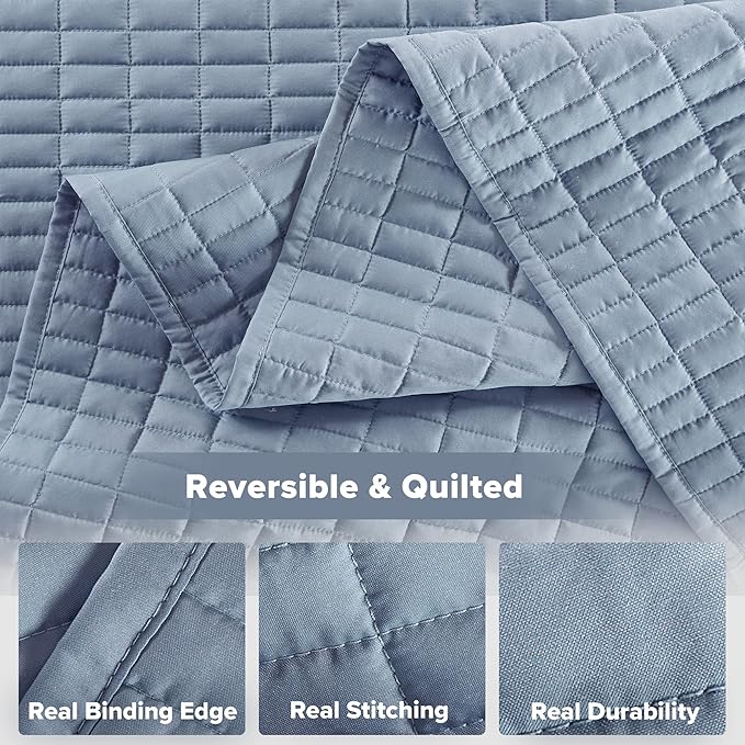 Comfort Spaces Oversized Bedspread Queen Quilt Set 3 Piece 102x 118 Blue | Coverlet for Summer Soft Cozy Lightweight All Season Quilted Extra Layer with Matching Sham, Bedroom Decor OEKO-TEX Certified