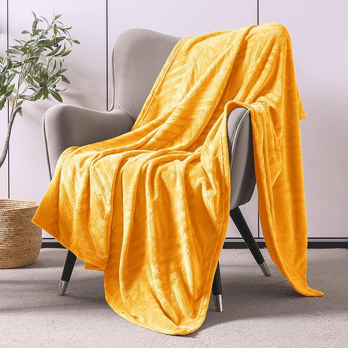 Whale Flotilla Flannel Fleece Throw Blanket for Couch, Lemon Yellow | Lightweight Breathable Soft Sofa Throws, Plush Fluffy Chevron Design Decorative Blankets for All Season, 50x60 Inch