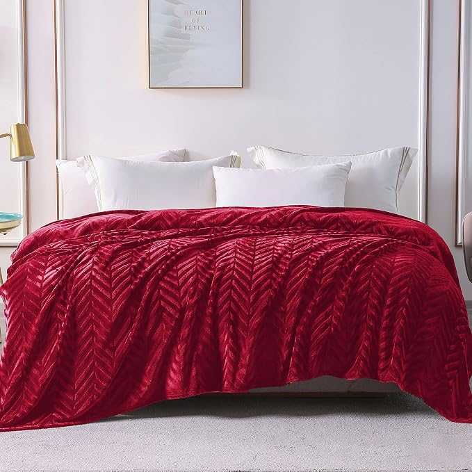 Whale Flotilla Flannel Fleece Bed Blanket Twin Size, Red | Lightweight Breathable Soft Bedspread, Plush Fluffy Coverlet Chevron Design Decorative Blanket for All Season, 60x80 Inch
