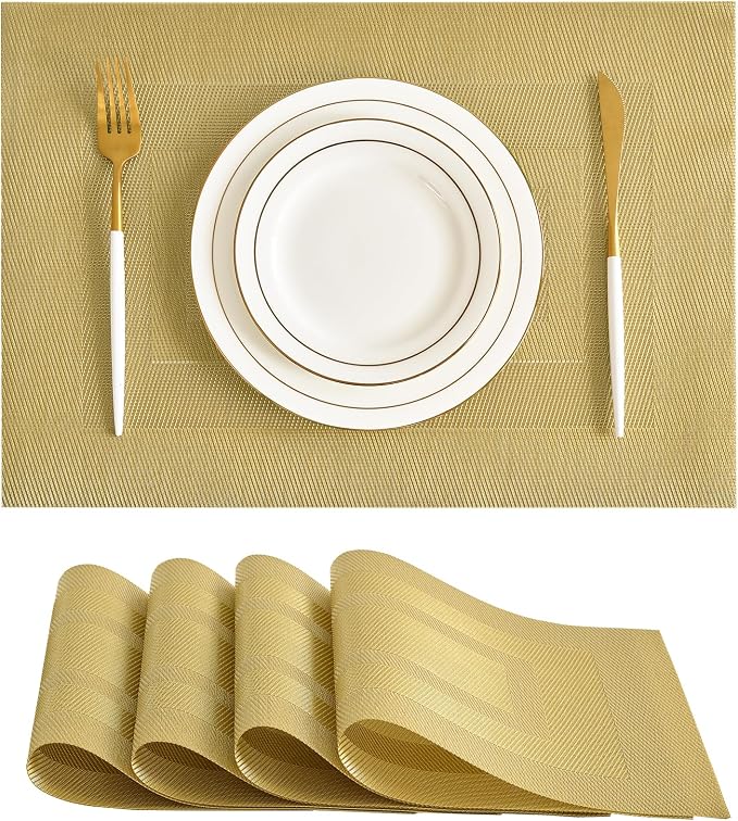 Leetaltree Gold Frame Placemats Set of 4 - Heat Resistant Non-Slip Place Mats for Dining Table, Washable Durable PVC Vinyl Woven Table Mats（Gold Frame, 4）