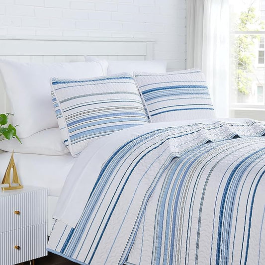 Southshore Fine Living, Inc. Twin XL Quilt Bedding Set, Dorm Bedding Essentials, Stain Resistant, Hotel Quality Striped Bedspread, Twin XL Coverlet Set w/Quilted Pillow Sham, Blue Striped Quilts