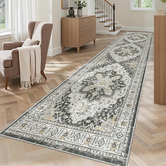 Madane Hallway Runner Rug 2'6''x10' Black, Washable Vintage Kitchen Runners | Non-Slip Rugs 10ft for Laundry Room, Entryway and Bedroom, Soft Low Pile Stain-Resistant Wide 2.5x10 Ft Floor Carpet