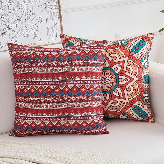 Couch Bohemian Double-Sided Patterned Throw Pillow Covers 18X18 Inch Set of 4 Square Farmhouse Decorative Cushion Covers BOHO Vintage Pillow Cases For Sofa Living Room Bedroom Outdoor Patio Porch