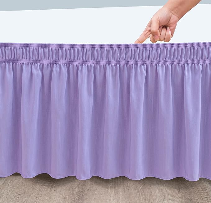 Wrap Around Bed Skirt King Size 12 Inch Drop-Elastic Dust Ruffle Lavender | Adjustable Pleated Bedskirt-Easy Fit Wrinkle Resistant Washable Hotel Quality Fabric Bed Skirting-Master Guest Bedroom Rental