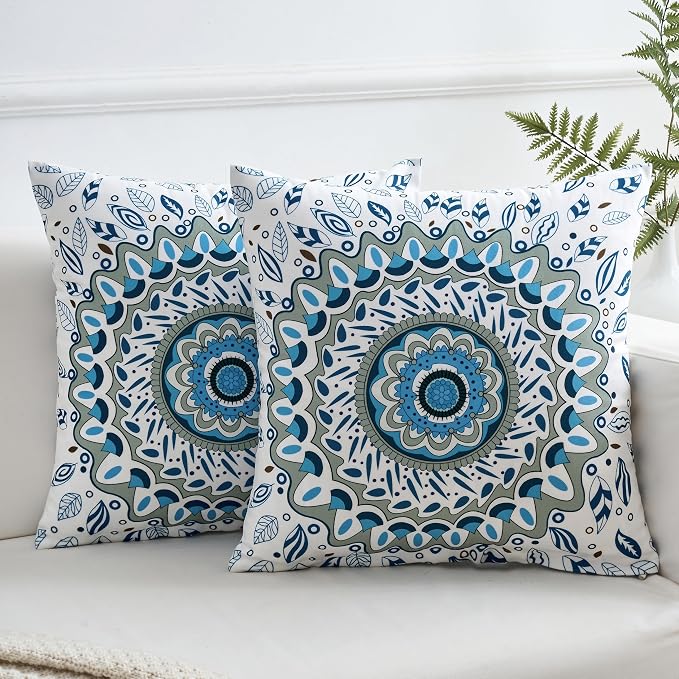 Boho Throw Pillow Covers 18x18 Set of 2 Blue Mandala Decorative Cushion Covers with Hidden Zipper Soft Polyester Double Sided Machine Washable