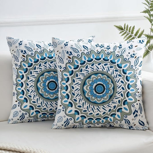 Boho Throw Pillow Covers 18x18 Set of 2 Blue Mandala Decorative Cushion Covers with Hidden Zipper Soft Polyester Double Sided Machine Washable