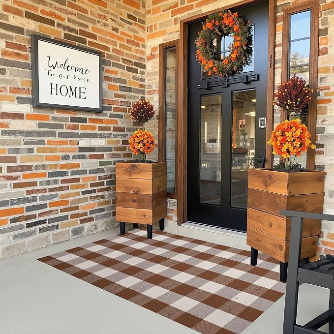 Buffalo Plaid Outdoor Rug 3x5 Ft Coffee and White Checkered Area Rug Washable Fall Doormats Indoor Outdoor Rugs for Layered Front Door Mats, Porch, Entryway, Kitchen, Farmhouse