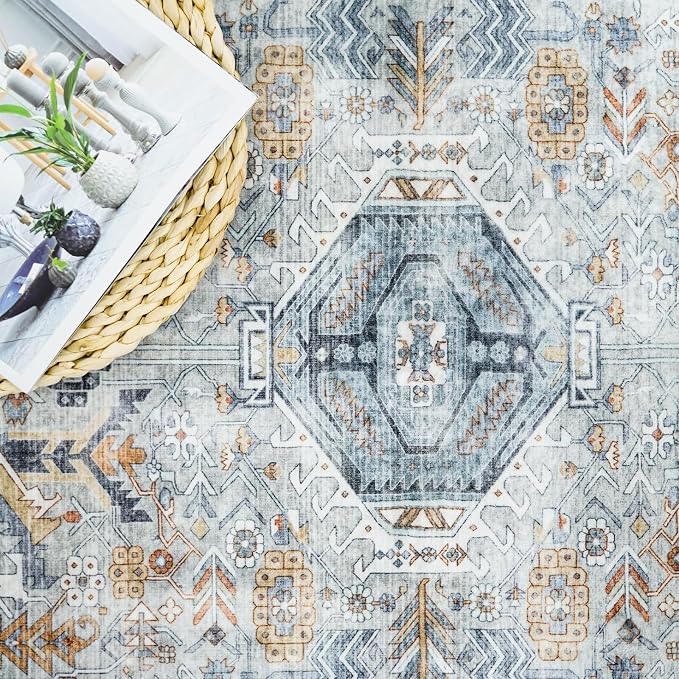 RUUGME Washable Runner Rug 2.6'x12' - Vintage Kitchen Area Rug Stain Resistant Rugs for Living Room Bedroom Laundry Room Mat Distressed Rug Hallway Floor Carpet Runner for Bathroom(Grey/Blue)