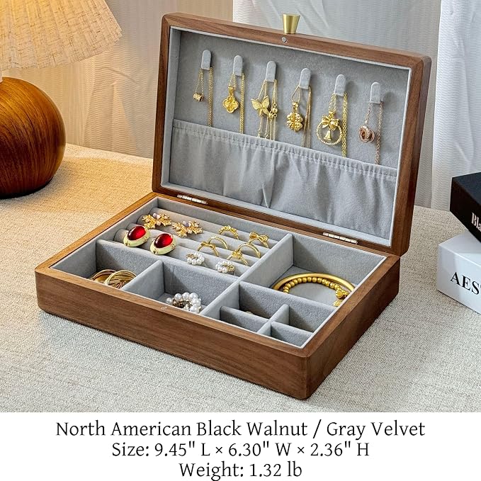 Bescott 1 Layer Solid Black Walnut Wooden Jewelry Box for Women Wood Vintage Organizer for Men Earrings Rings Necklaces Bracelet Watch Storage