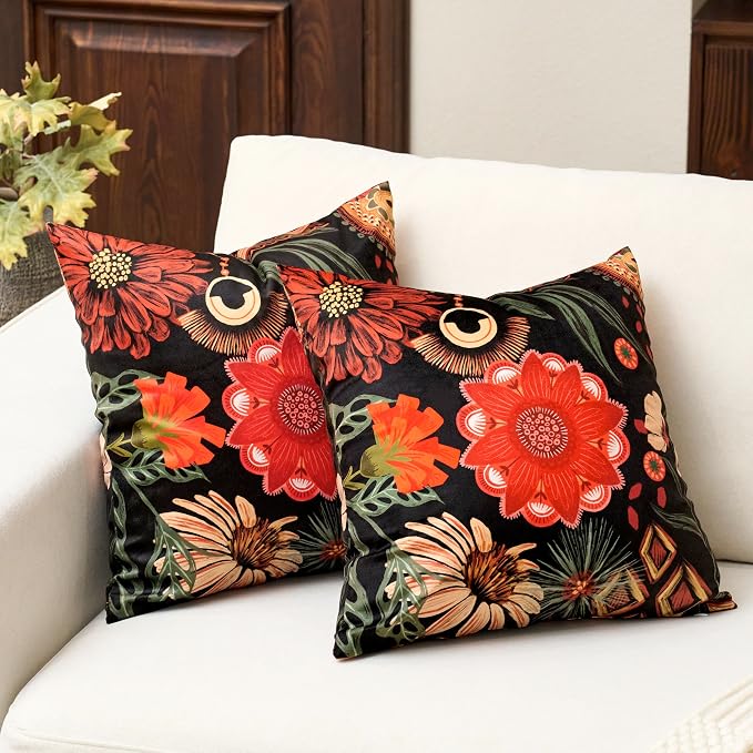 Tyrot Black Red Boho Floral Velvet Throw Pillow Covers 20x20 Inch Set of 2 Vintage Farmhouse Cushion Covers Mid Century Botanical Home Decor Pillow Cases for Couch Bed Sofa Living Room, Bedroom