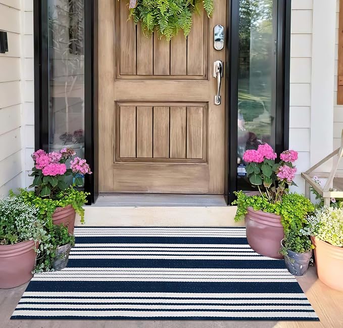 Blue and White Striped Doormat 24"x35"Washable Farmhouse Front Porch Rug | Cotton Bend with Woven Construction, Easy-care Fabric, Gentle Machine Wash and Air Dry