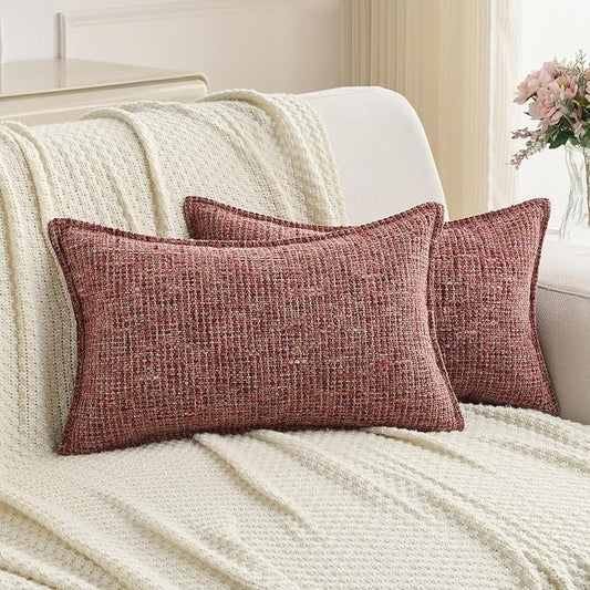 FUTEI Pack of 2 Chenille Tweed Vintage Throw Pillow Covers 12x20 Inch Soft Decorative Lumbar Pillowcase Modern Farmhouse Accent for Couch Bed Living Room, Burgundy