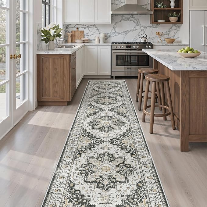 Madane Washable Runner Rugs 2x10 Long for Hallway Kitchen, Black | Non-Slip Low-Pile 10ft Rug Runners Soft, Stain-Resistant Floor Carpet Mat for Entrance, Living Dining Laundry Room, Stair