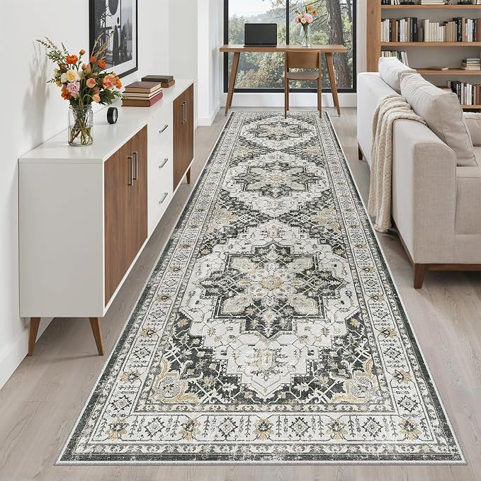 Madane Hallway Runner Rug 3x10 Washable Kitchen Runners 10ft, Black | Vintage Non-Slip Entryway Area Rugs Indoor, Soft Low-Pile Farmhouse Wide Floor Carpet for Bathroom Living Room Bedroom Foyer