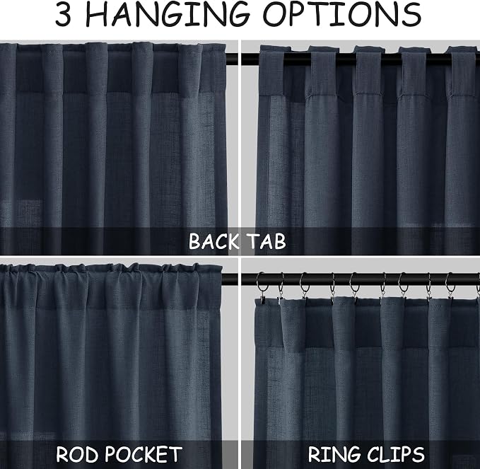 Vintage Blue Linen Curtains 90 Inch Long 2 Panels Set for Bedroom Living Room Vintage Blue Soft Linen Textured Window Drapes Semi Sheer Light Filtering Rod Pocket Back Tab Farmhouse Curtain 52x90