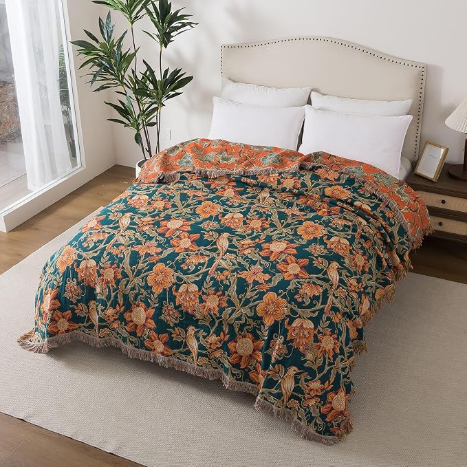 Phuryllic Boho Throw Blanket Twin Size, Soft Cozy Cotton Muslin Quilt Blanket for Bed Decor, Floral Patterned Couch Sofa Chair Cover, Vintage Farmhouse Cottage Tapestry Woven Blanket, Green&Orange