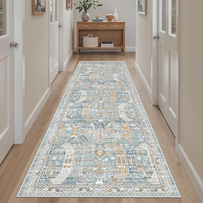 Madane Kitchen Runner 2'6''x8' Soft Rug Runners for Hallways, Blue/Gold | Vintage Machine Washable Rugs 2.5x8 Ft, Non-Slip Low Pile Stain-Resistant 8ft Floor Carpet for Laundry Room Corridor