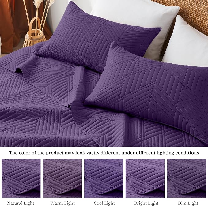 Davulos Full/Queen Quilt Set, Purple Lightweight Microfiber Bedspread, Reversible All Season Coverlet with Modern Geometric Pattern, Ultra Soft & Breathable (1 Quilt, 2 Pillow Shams)
