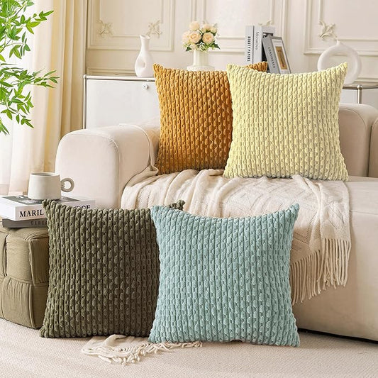 Set of 4 Yellow Olive Aqua Decorative Throw Pillow Covers 18x18 Inch Corduroy Pillow Covers for Bed Couch Sofa Living Room Soft Square Cushion Cases