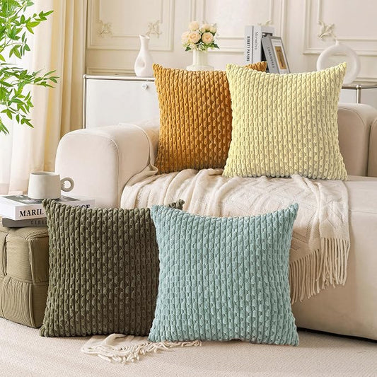 Set of 4 Yellow Olive Aqua Decorative Throw Pillow Covers 22x22 Inch Corduroy Pillow Covers for Bed Couch Sofa Living Room Soft Square Cushion Cases