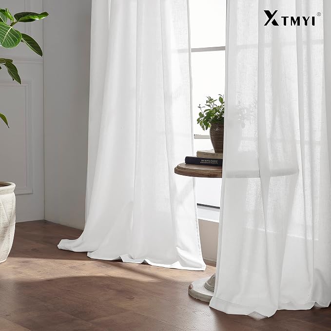 XTMYI 92 Inch Curtains Length 2 Panels Set,Back Tab Linen Sheer Window Curtains Living Room Bedroom,50x92 in Long,White