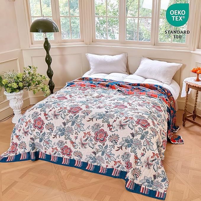 MSGKV Boho Throw Blanket 90"x90" 100% Cotton Farmhouse Butterfly Throw | Floral Pattern, Queen Size Blanket, Muslin Throw, Reversible Woven, Lightweight Comfort, All Season Use, Machine Washable