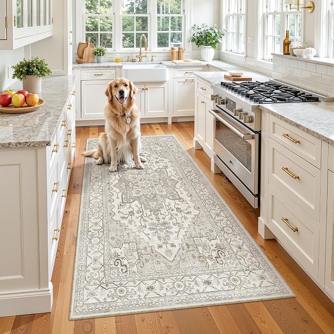 Madane Washable Runner Rug 3x6 Runners for Hallways Non Slip, Beige/Brown | Vintage Stain-Resistant 6 Feet Kitchen Rug, Soft Low-Pile Ultra-Thin Floor Carpet Mat for Bathroom Laundry Room Bedroom 2x6ft