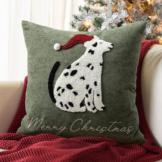 Cute Spotted Dog Christmas Pillow Covers 18x18, Embroidered Christmas Throw Pillow Covers Christmas Decorations Holiday Pillows for Home Couch, Green White/Black Velvet Cushion