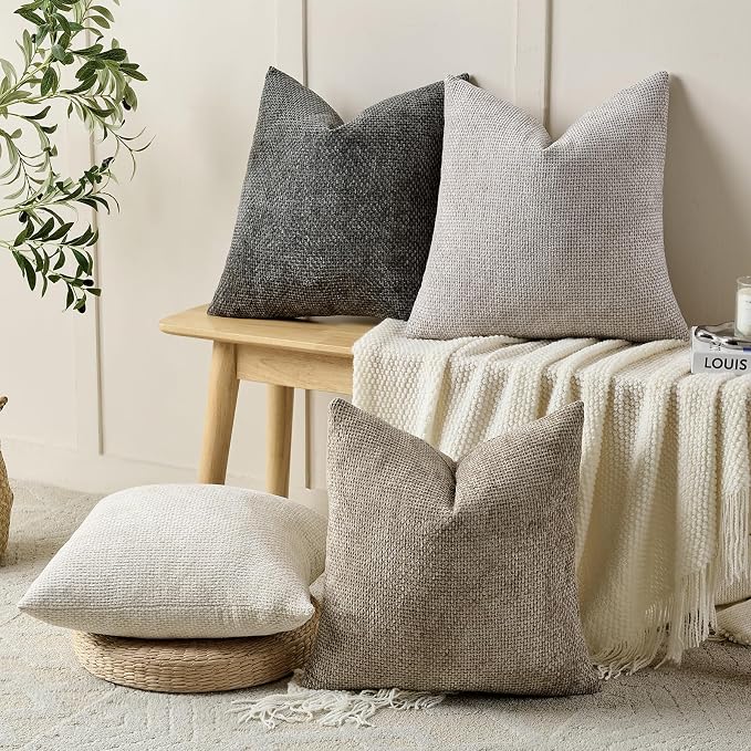 Volcanics Boho Throw Pillow Covers 18x18 Set of 4, Neutral Chenille Decorative Cushion Covers for Couch, Sofa, Bedroom, Living Room, Farmhouse & Mid-Century Modern Home Decor