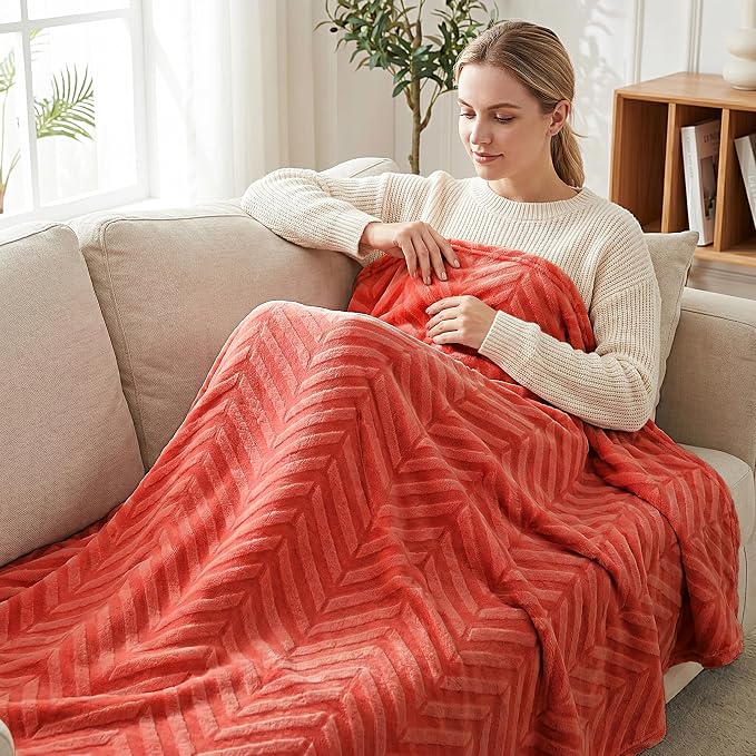 Whale Flotilla Flannel Fleece Throw Blanket for Couch, Coral | Lightweight Breathable Soft Sofa Throws, Plush Fluffy Chevron Design Decorative Blankets for All Season, 50x60 Inch