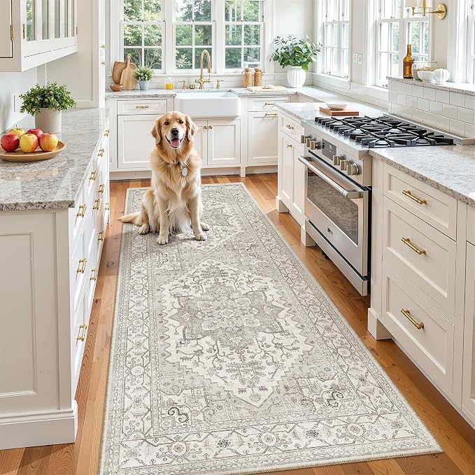 Madane Hallway Runner 3x8, Kitchen Rugs Washable Entry Rug, Beige/Brown | Vintage Non Slip Entryway Indoor Area Rugs, Soft Low-Pile Farmhouse Wide Carpet Runners for Bathroom Living Room Bedroom