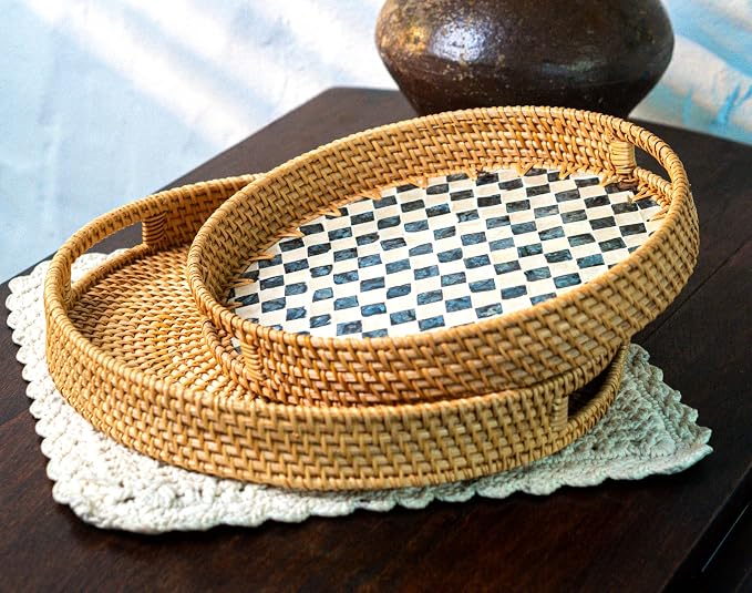 JUNGLE CULTURE Round Rattan Tray with Mother of Pearl Inlay • Drift 12”