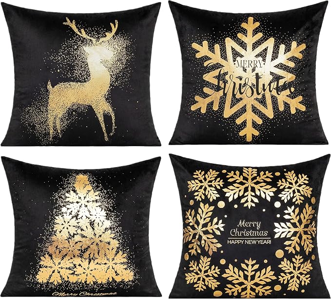 All Smiles Black Christmas Gold Throw Pillow Covers Xmas Cases Decorations 18X18 Set of 4 Décor Indoor Home Soft Velvet Decorative Navidad Cushion for Sofa Couch Tree Snowflake Reindeer