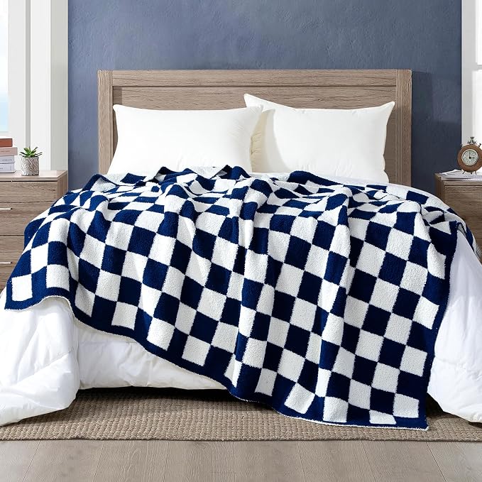 Elegant Comfort Premium Checkered Reversible Throw Blanket - Ultra Soft and Lightweight, Luxury Knitted Breathable Fleece for Couch, Bed, Sofa - Warm Velvet Fluffy Throw, 50 x 70 Inch, Navy Blue