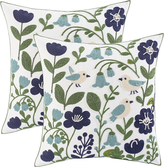 Embroidered Throw Pillow Covers 18x18 Pack of 2 Birds Pillow Covers Green Leaves with Floral Pillowcases Farmhouse Pillow Cushion Cases Square Navy Blue Flower Pillow Case Summer Home Decor