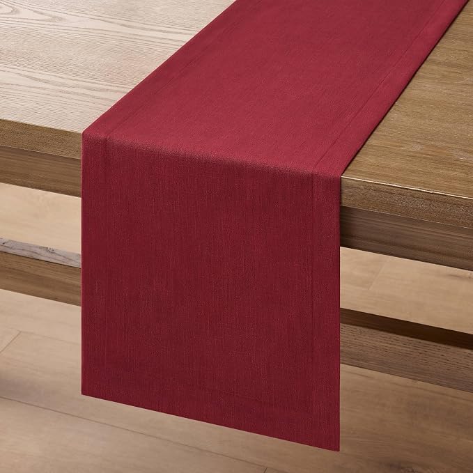 ZeeMart Linen Textured Border Table Runner, 14 x 72 Inch Red | Mitered Corner Design, Medium Weight Fabric, Modern Farmhouse Style, Machine Washable Easy Care Everyday Table Scarf