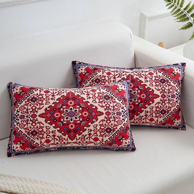 Red Lumbar Throw Pillow Covers 12x20 Inch Set of 2 Washable BOHO Vintage Style Decorative Throw Pillow Cases Soft Velvet Farmhouse Decor Retro Cushion Covers for Couch Sofa Bed Living Room Outdoor