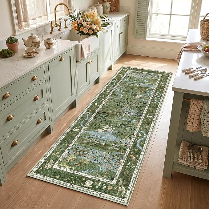 2x6 Hallway Runner Rug Non Slip Forest Nursery Runners Washable Stain Resistant Fairy Tale Whimsical Long Runner Carpets Girls Room Green Safari Animal Rugs for Living Room Kitchen Bedroom, Green