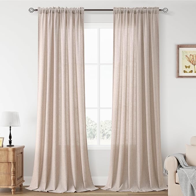 Oatmeal Linen Curtains 102 Inch Semi Sheer Rod Pocket 52x102 2 Panels