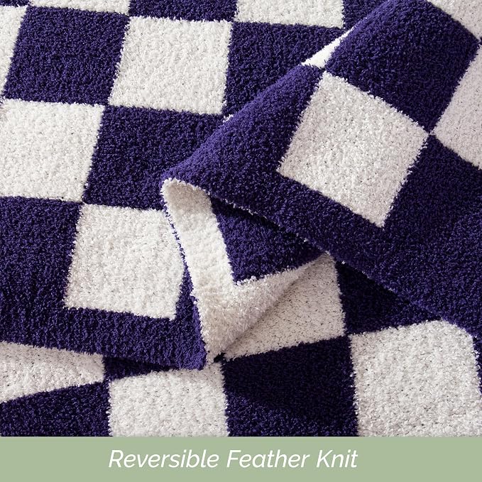 Elegant Comfort Premium Checkered Reversible Throw Blanket - Ultra Soft and Lightweight, Luxury Knitted Breathable Fleece for Couch, Bed, Sofa - Warm Velvet Fluffy Throw, 50 x 70 Inch, Purple