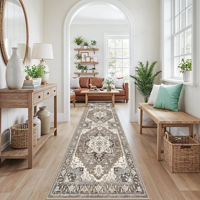 RUUGME Runner Rug 2'6x10 Washable: Non-Slip Boho Runner Rugs for Kitchen Hallway Entryway Soft Low Pile Ultra Thin Carpet Vintage Distressed Home Decor for Bathroom Laundry Room (Beige,2'6''x10')