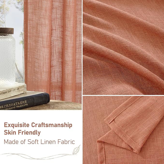 Extra Wide Linen Curtains for Bedroom Living Room 60 x 84 Inch | Terracotta, Fall Decor, Light Filtering, Faux Linen Textured, Semi Sheer, French Door, Rod Pocket Back Tab, 2 Panels