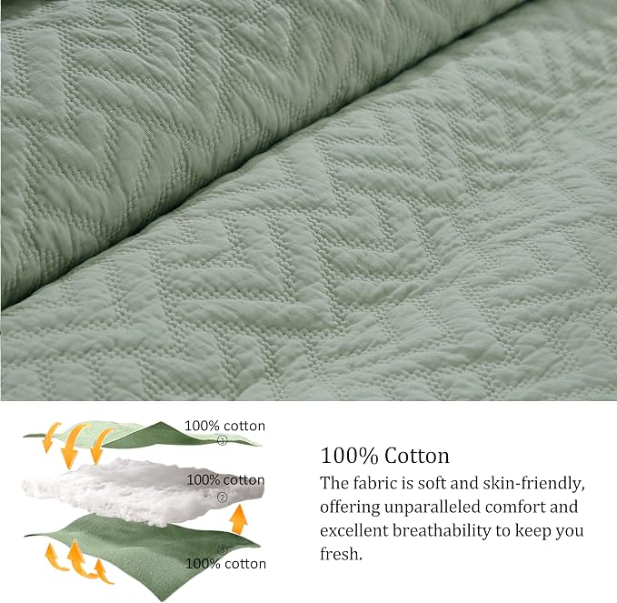 palassio Sage Green 100% Cotton Quilt Queen Size Bedding Sets with 2 Pillow Shams, Lightweight Textured Farmhouse Country Bedspread Soft Shabby Chic Patterned Coverlet for All Season, 3 Pieces