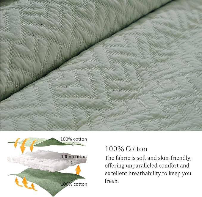 palassio Sage Green 100% Cotton Quilt Twin Size Bedding Sets with 1 Pillow Sham, Lightweight Textured Farmhouse Country Bedspread Soft Shabby Chic Patterned Coverlet for All Season, 2 Pieces