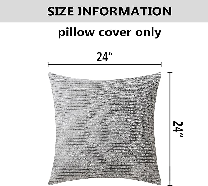 Home Brilliant Set of 2 Striped Corduroy Euro Sham Large Throw Pillow Cover Decorative Cushion Cover for Bed, 24 x 24 inch, Light Grey