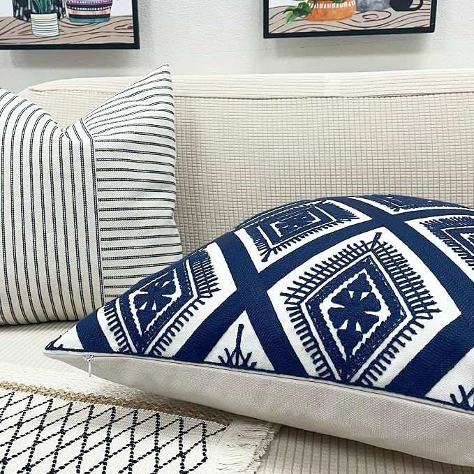 Slow Cow Embroidery Cushion Cover Decorative Invisible Zipper Throw Pillow Cover for Living Room 20 x 20 Inch, Navy Blue