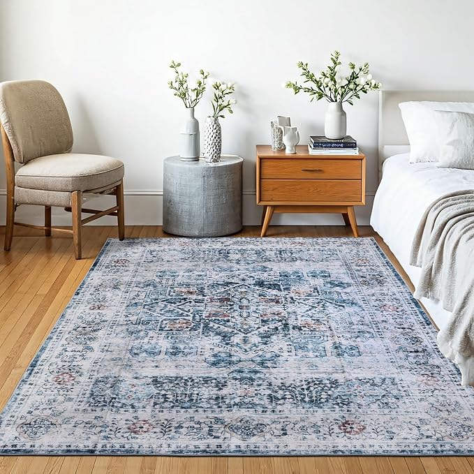 Machine Washable Area Rug, Soft & Durable, Non-Slip, Stain Resistant Rug for Bedroom, Living Room, Dining Room, High Traffic Areas. (Blue/Coral, 9' X 12')